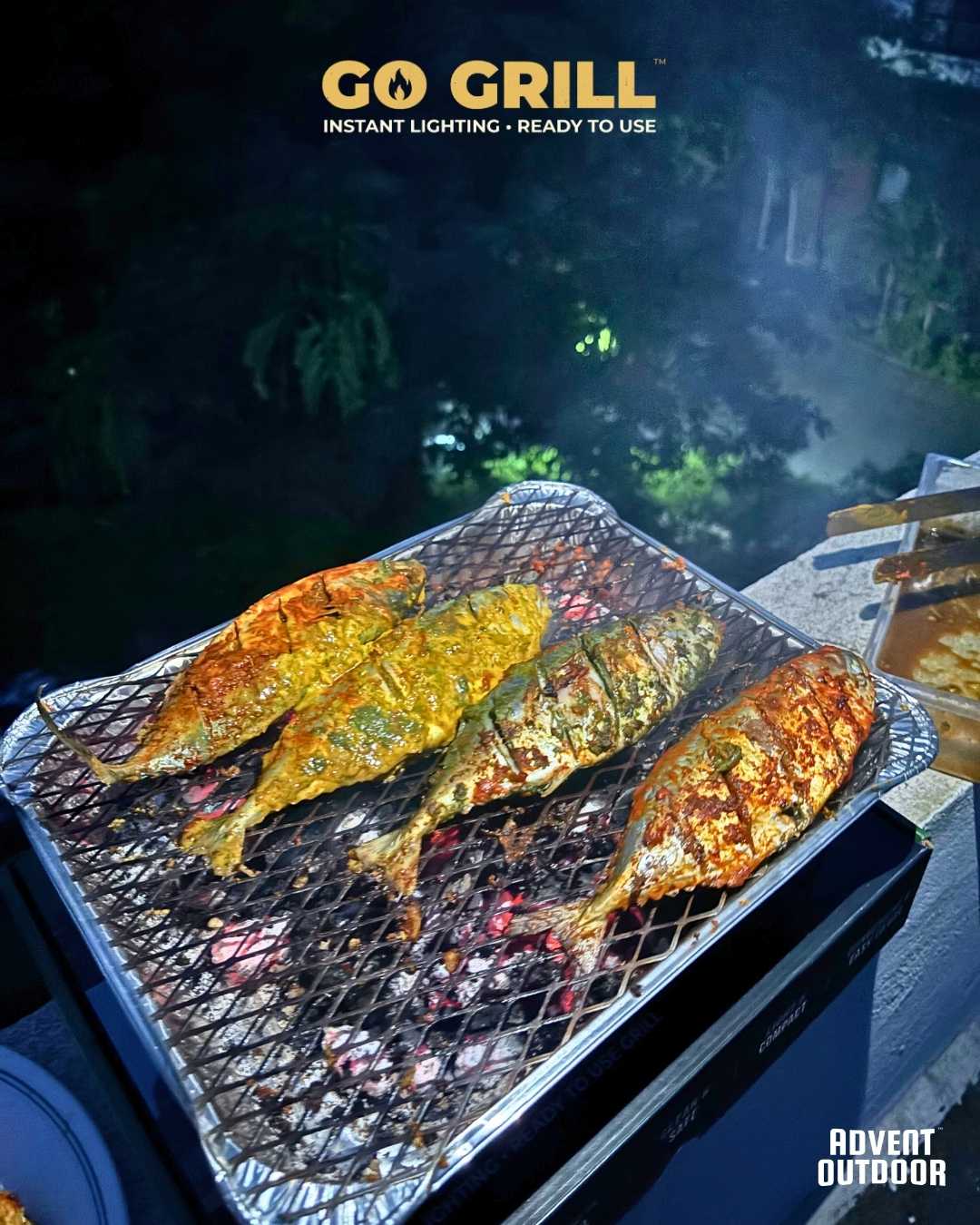 Marinated fish grilling on a Go Grill disposable BBQ, placed on a terrace ledge with scenic outdoor view — ideal for easy home BBQ nights